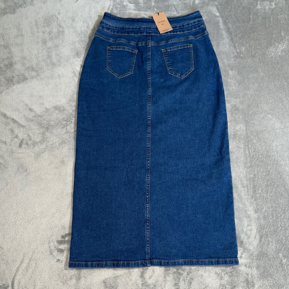 Denim Midi Skirt Button Front High‎ Waist Slit Dark Wash Blue Women's Medium - Picture 3 of 7